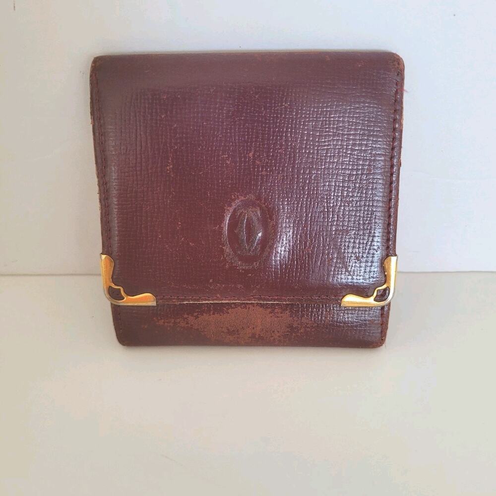 Cartier Vintage Mini Coin Holder Wallet‎ Bordeaux Leather Small Red Burgundy